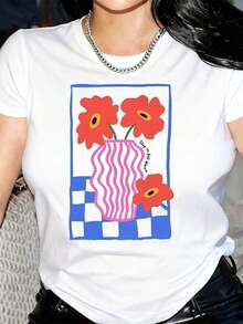 Elegant Floral Print T-Shirt For Women - Casual Summer T-Shirt With Round Neck And Vibrant Pink And Blue Floral Design, Short Sleeve For Casual Wear, Ladies' T-Shirts - 白色 - 查看 6