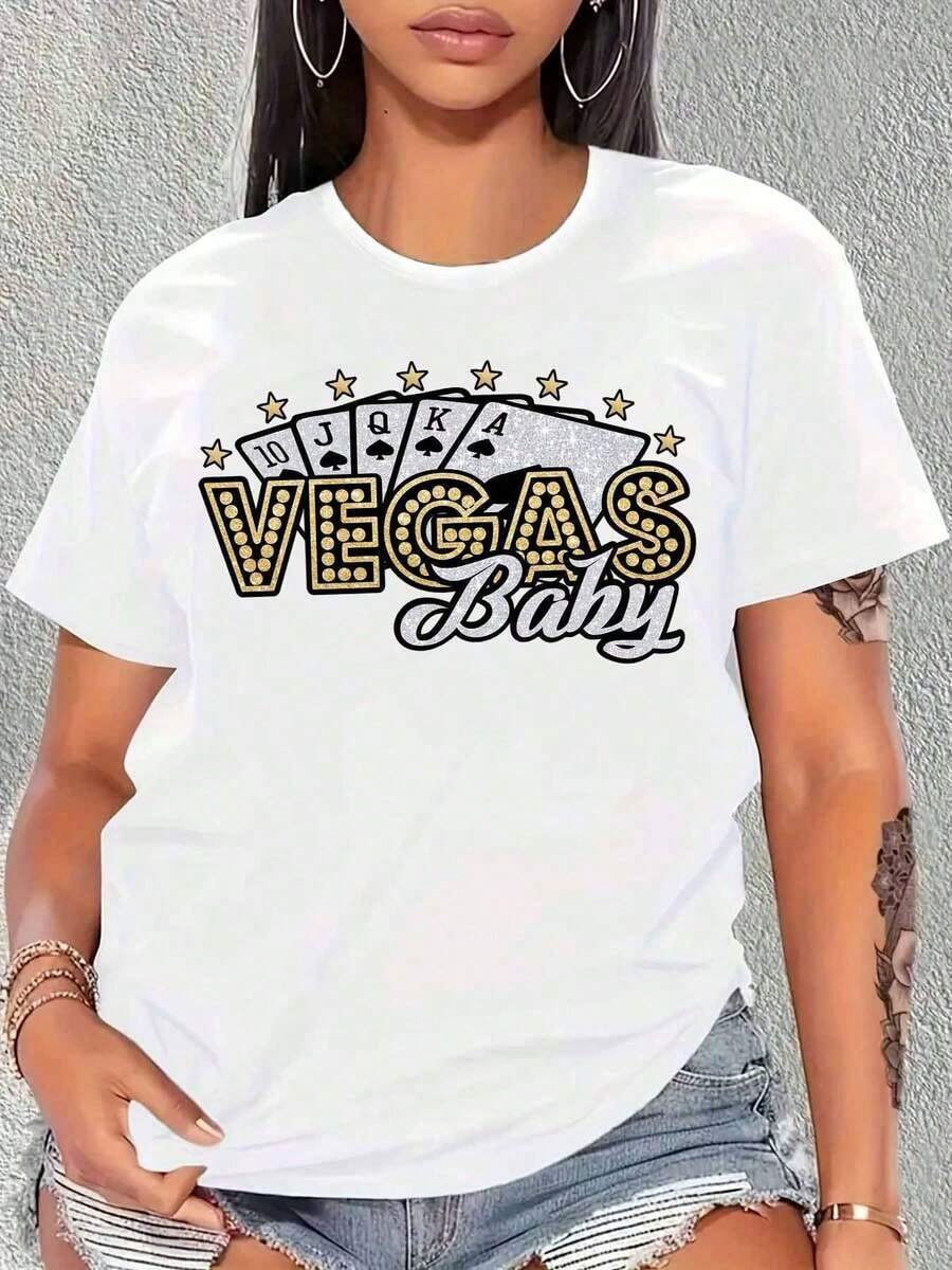 Vegas Baby Women's T-Shirt, Casual White T-Shirt With Poker Card Graphic Design, Las Vegas Theme, Party Wear, Summer Top - 白色 - 查看 1