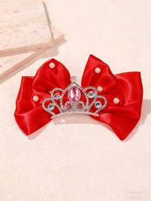 1pc Girls Stage Performance Bow Crown Hair Accessory 3D Beaded Hair Clip Oversized Princess Top Clip (Diameter 13cm) - Red - View 2