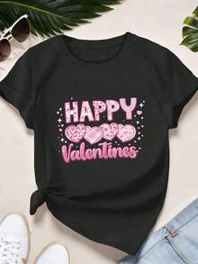 Women's T-Shirt With Valentine's Day Heart Print For Autumn, Premium Cotton, Loose Fit, Breathable, Urban Hip-Hop Style, Artistic Print. Everyday Wear - 黑色 - 查看 3