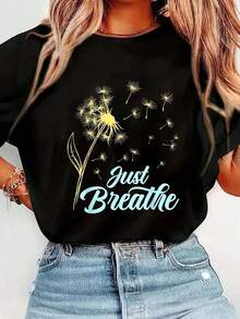 Camiseta Transpirable Just Breathe con Diseño de Diente de León y Flores Silvestres, Botánica, Natural, para Mujer y Hombre, de Algodón, Manga Corta, Cuello Redondo, Casual, Suave, de Corte Holgado, Camisetas de Verano, playeras de mujer algodon,  mujer premium - Negro - Ver 7