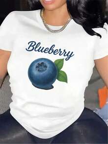 Lightweight And Durable Short-Sleeved T-Shirt With A Blueberry Design, Ideal For Casual Wear In The Kitchen Or Living Room, Offering A Comfortable Fit For Everyday Use - Unisex Cotton Short-Sleeved Crew Neck T-Shirt, Vintage Urban Style - 白色 - 查看 1