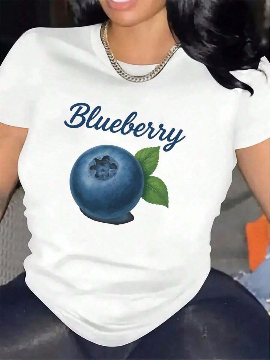 Lightweight And Durable Short-Sleeved T-Shirt With A Blueberry Design, Ideal For Casual Wear In The Kitchen Or Living Room, Offering A Comfortable Fit For Everyday Use - Unisex Cotton Short-Sleeved Crew Neck T-Shirt, Vintage Urban Style - 白色 - 查看 1