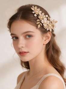 1pc Rhinestone & Pearl Alloy Leaf Headpiece, High-End Bridal Wedding Updo Hair Accessory For Women & Girls,Combs,Side Comb - 63399 - View 6