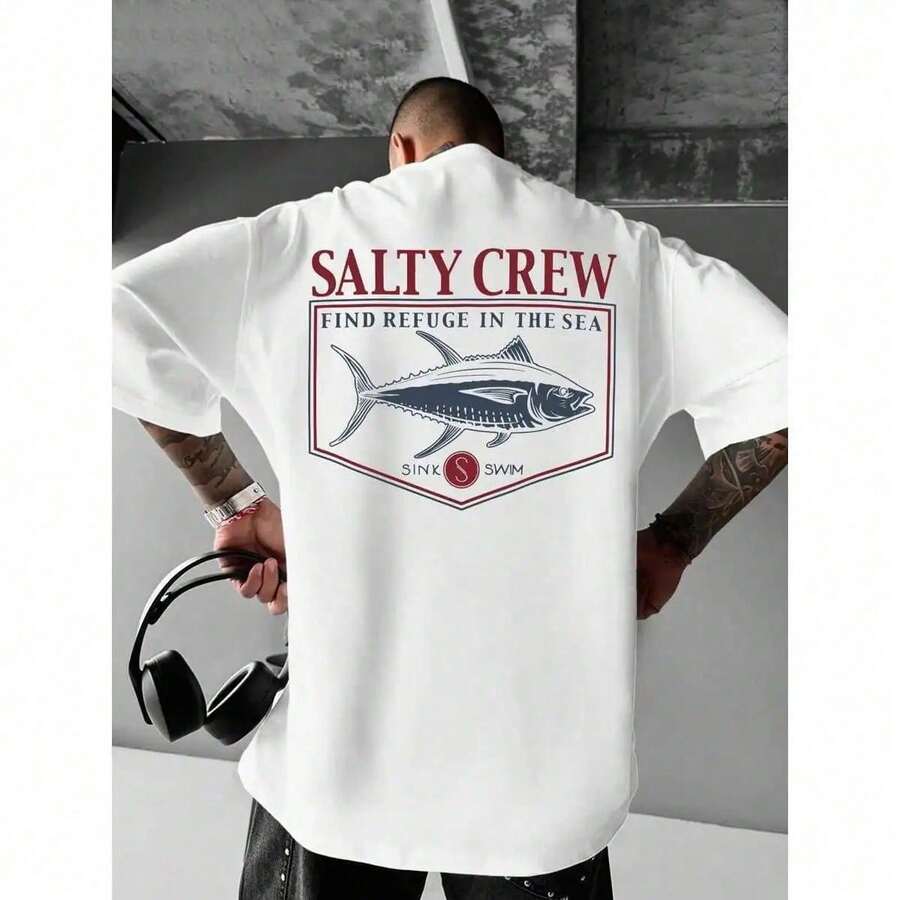 [Salty Crew T-Shirt] Red And White Salty Crew Graphic Tee | Men's Casual Loose Fit Short Sleeve Summer Style | Comfortable Relaxed Fit T-Shirt For Everyday Wear, Printed And Shipped In The USA FRQC PGTZ - 黑色 - 查看 1