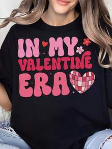 "In My Valentine Era" Women's T-Shirt, Pink Heart Design, Valentine's Day Gift, Fashionable Casual Top, 100% Pure Cotton, Women's T-Shirt - 黑色 - 查看 7