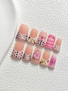 10片甜美風手工穿戴甲 Polygel 假指甲套組，粉色、黃色、紅色水鑽波點設計，粉色、黃色、黑色指甲油，極簡風，附美甲工具，3種尺寸可選，杏仁形、鴨嘴形、棺材形，適合派對、跳舞、日常佩戴 - 彩色 - 查看 17
