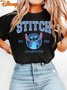 Women's Disney Lilo & Stitch T-Shirt - Plus Size S-XXL Short Sleeve Vintage Stitch Print Top | Double-Sided Lilo & Stitch Suitable For Spring Summer Fall Casual Casual Attire, Machine Washable Round Neck Blouse Disney Trip Outfits - 黑色 - 查看 2