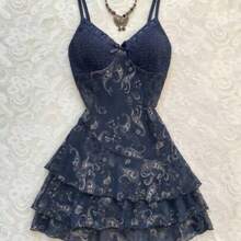 YijiaNvz  Vestido de mujer, estampado de flor de anacardo y malla con contraste de colores, para resort - Azul marino - Ver 1