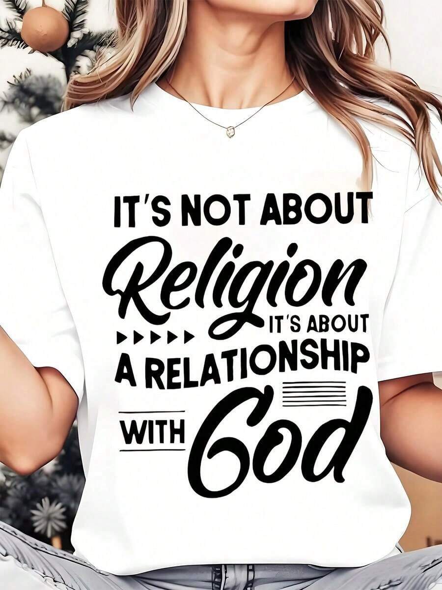 Suave, transpirable y ligera para comodidad durante todo el día. Camiseta de cuello redondo para mujer con estampado "No se trata de religión, se trata de una relación con Dios". Camiseta casual de verano para uso diario. Regalo religioso. 220g. Cuello redondo clásico con un corte relajado que favorece todas las formas del cuerpo y es fácil de combinar con jeans, shorts y leggings. - Blanco - Ver 1