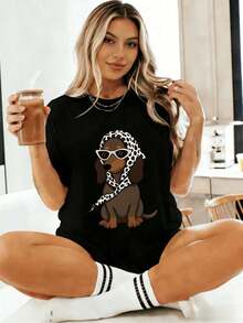Women's Plus Size Summer Casual T-Shirt With Dachshund Print, Leopard Scarf, And Sunglasses, Oversized Dog Lover T-Shirt, Casual Short Sleeve - 黑色 - 查看 7