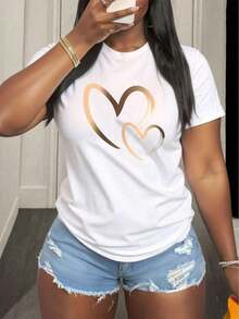 Polyester Short-Sleeved T-Shirt With Gold Heart Design, Lightweight And Comfortable Top For Party Outfits, Perfect Gift For Friends, Ideal For Wearing In The Living Room Or While Eating. - 白色 - 查看 7