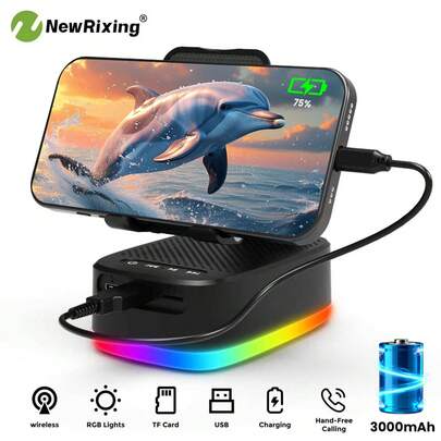  NewRixing 6W Wireless Bluetooth Speaker With Phone Holder, Dual Device Connection, 3000mAh Large Battery Capacity, Power Bank, Supports Bluetooth/TF Card/USB Playback, 7 Hours Playtime, HiFi Sound Quality, Stereo And Bass Shock, USB-C Charging, RGB Lighting, Suitable For Movies/Meetings/Video Calls, Hands-Free For Phones, Modern Audio Accessory, Durable Audio Accessory
