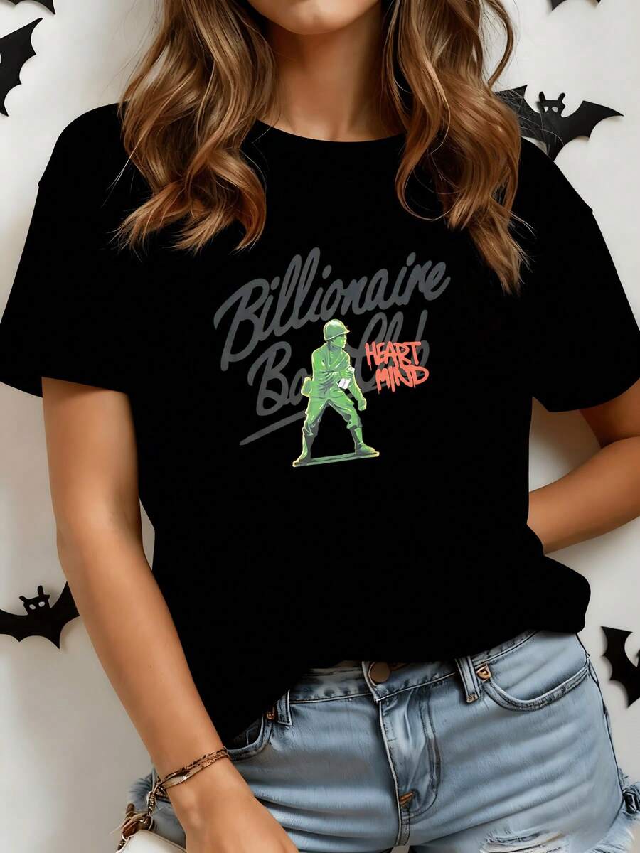 Astronaut Figure In A Determined Pose Symbolizing The Exploration Of New Goals And The Inner Strength To Move Forward Without Fear, With Bold Lettering Inspiring Confidence And Energy. Modern Casual Women's T-Shirt For Everyday Wear - 黑色 - 查看 1