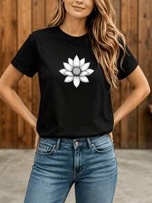 Camiseta Deportiva Casual para  con Diseño Gráfico de Flores Blancas - Camiseta Elástica de Cuello Redondo, Lavable aáquina, Ajuste Cómodo y Perfecta para Todas las Estaciones. - Negro - Ver 6