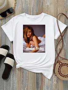 Camiseta de Mujer 2026, Casual, Cuello Redondo, Opciones en Blanco y Negro, Estampado "Almost Friday", Camiseta Gráfica para Uso Diario, Camisetas de Verano, Tops Gráficos, Conjuntos de Verano para Mujer, Camisetas Cortas para Mujer, Blusas para Mujer, Ropa Casual Vintage de Algodón, Ropa Linda para Mujer, Blusas para Mujer Casuales - Blanco - Ver 3
