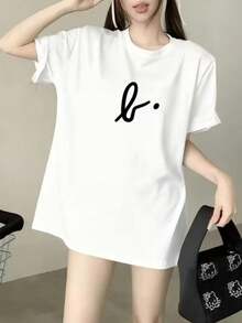 Casual Crew Neck T-Shirt, Plus Size Women's T-Shirt, Printed T-Shirt For Women, Printed With A Stylish Hand-Lettered Monogram Of The Letter "L" - Fun Print, Machine Washable, Casual And Versatile, Loose And Comfortable, A Perfect Gift For A Good Friend. - 白色 - 查看 8