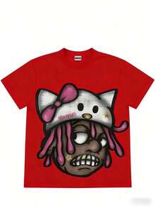 Camiseta Holgada, Camiseta Casual de Verano para Mujer, Top de Mujer 100% Algodón. White Short Sleeve T-Shirt With Cartoon Print  blusa casual mujer  playeras de mujer algodon - Rojo - Ver 11