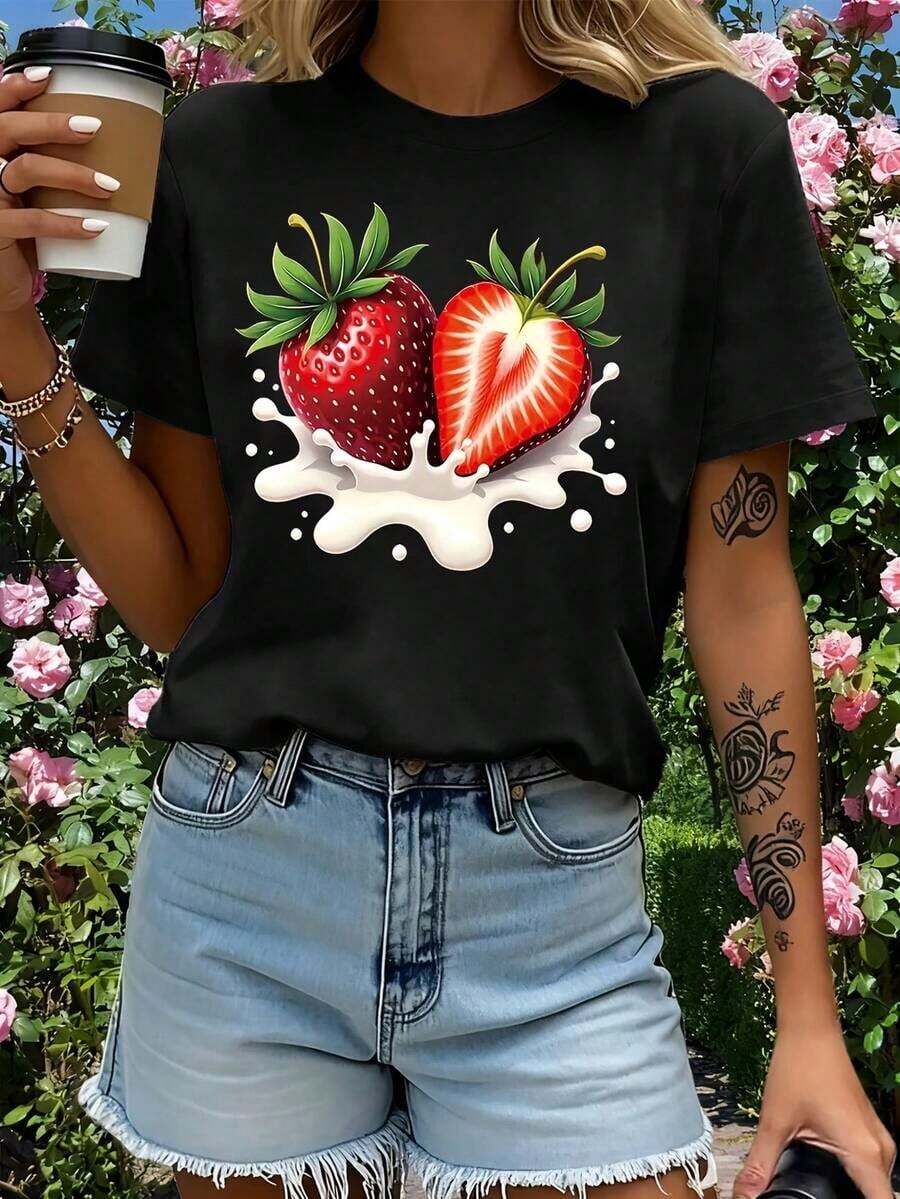 Primavera 1-Pack Women's Short-Sleeved T-Shirt Made From 100% Pure Cotton, Comfortable, With A Red Strawberry Ice Cream Pattern, Round Neck, Casual, Floral Design - 黑色 - 查看 1