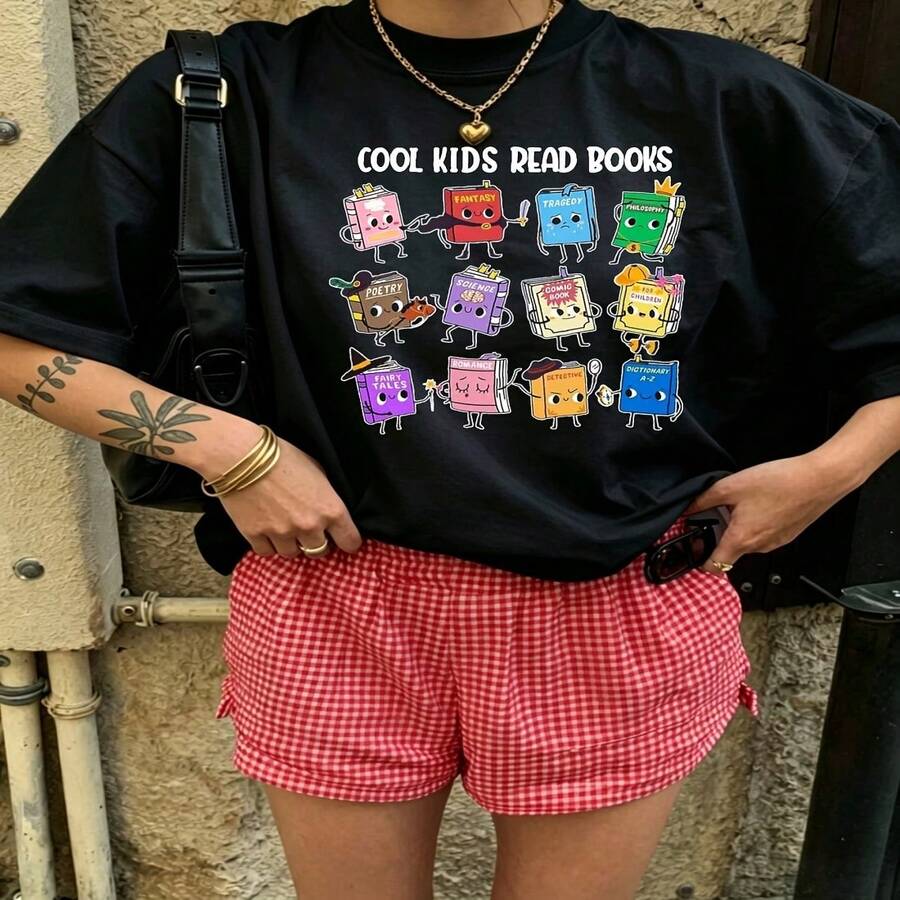 Cute Graphic T-Shirt Daily Casual 100% Cotton Oversized Soft Breathable Casual Crewneck Short Sleeve Top Aesthetic Daily Fashion Lovers Casual Wearers Daily Outfit Enthusiasts Gift Givers - 黑色 - 查看 1