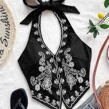 Top corto con escote halter, espalda descubierta y lazo, con bordado floral, adecuado para festivales de música - Albaricoque - Ver 10