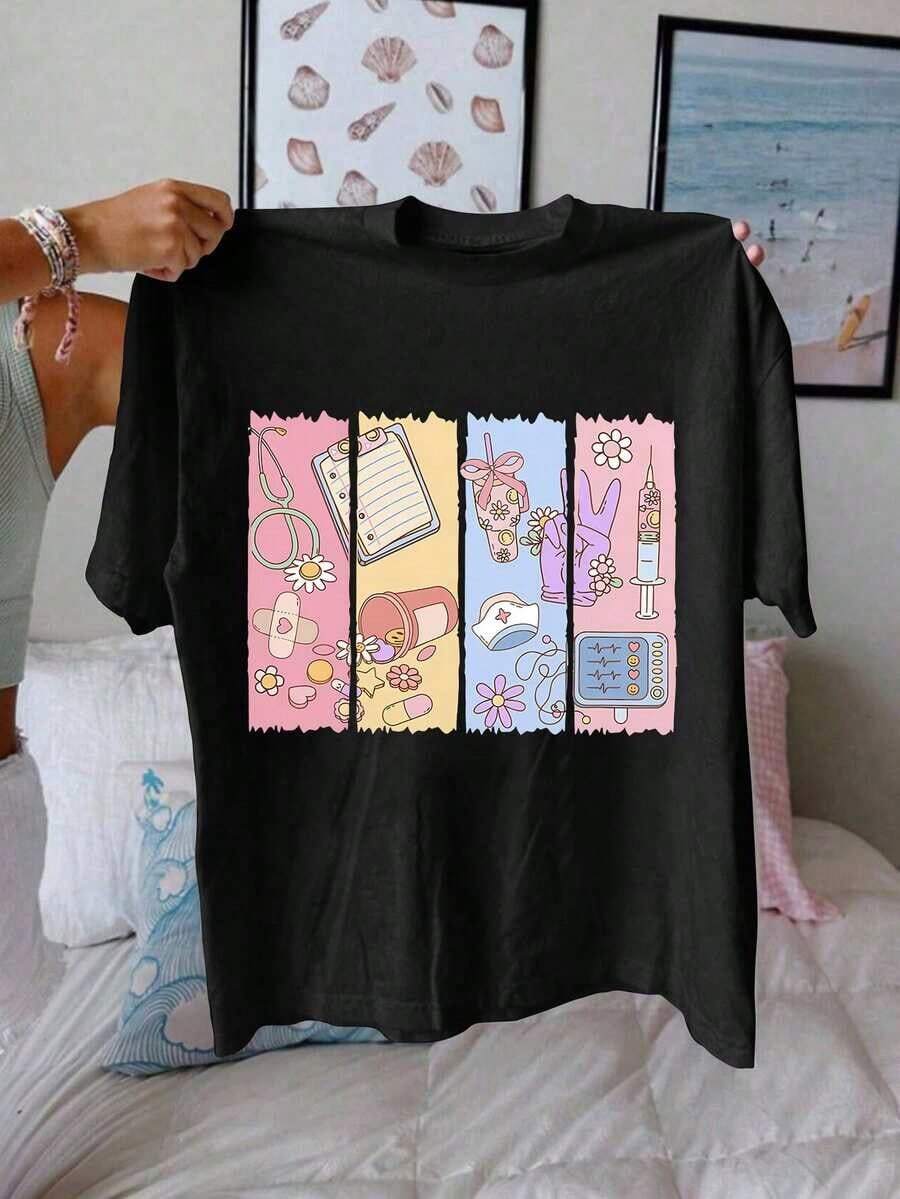 1 Piece Clinical Nurse Graphic Print T-Shirt, Short Sleeve, Round Neck, Casual Top For Summer And Spring, Women's T-Shirt, 180g, 100% Cotton. - 黑色 - 查看 1