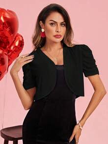 Clasi Chaqueta corta elegante de mujer con encaje blanco y manga corta, de apertura frontal, para otoño/invierno - Negro 2 - Ver 4