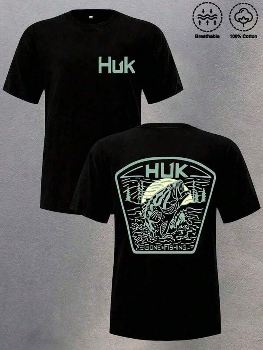 Huk Performance Fishing - Men's Loose Fit Short Sleeve T-Shirt, 100% Cotton, With "HUK" Logo And Bass Design, Spring/Summer Style, Y2K Urban Casual Retro Patriotic Aesthetic, 100% Cotton Loose Fit Sweater, Gift. - 黑色 - 查看 1