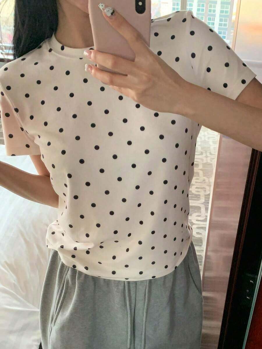 Camiseta de manga corta de cuello redondo de color liso para verano - Albaricoque - Ver 1