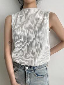 Blusas de tirantes de cuello alto de verano de tela con textura uniforme, casuales pero elegantes - Blanco - Ver 8
