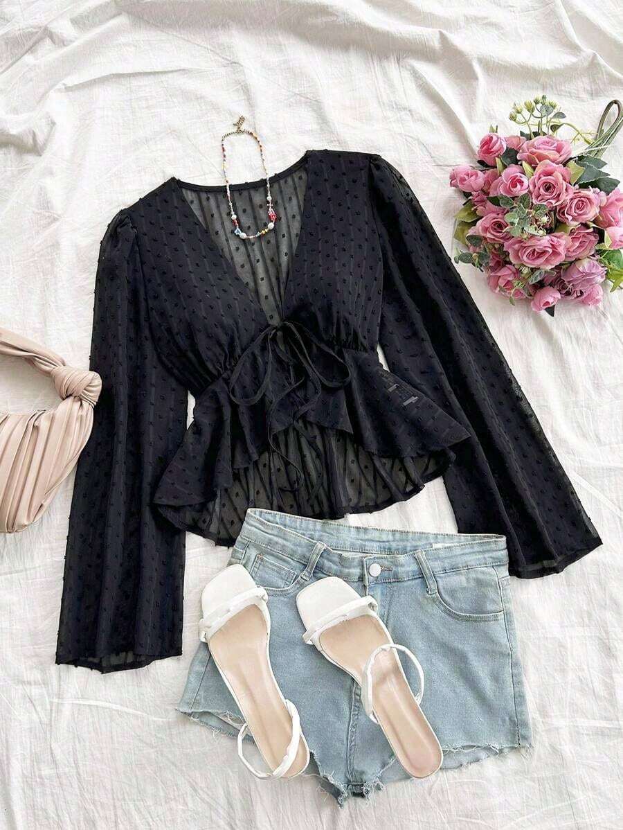 Blusa informal de unicolor con mangas acampanadas para mujer - Negro - Ver 1