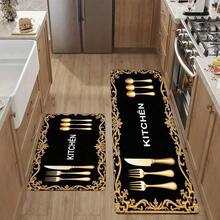Luxury Golden Cutlery Pattern Kitchen Rug - Black Non-Slip Washable Floor Mat With Gold Floral Border, Decorative Long Runner Rug For Kitchen Countertop, Entryway, Dining Room, Perfect For Home D - Multicolor - View 11
