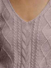 Blusa de punto ajustada con cuello en V y manga corta, color albaricoque, con detalle de trenzado, uso diario minimalista - Morado - Ver 4
