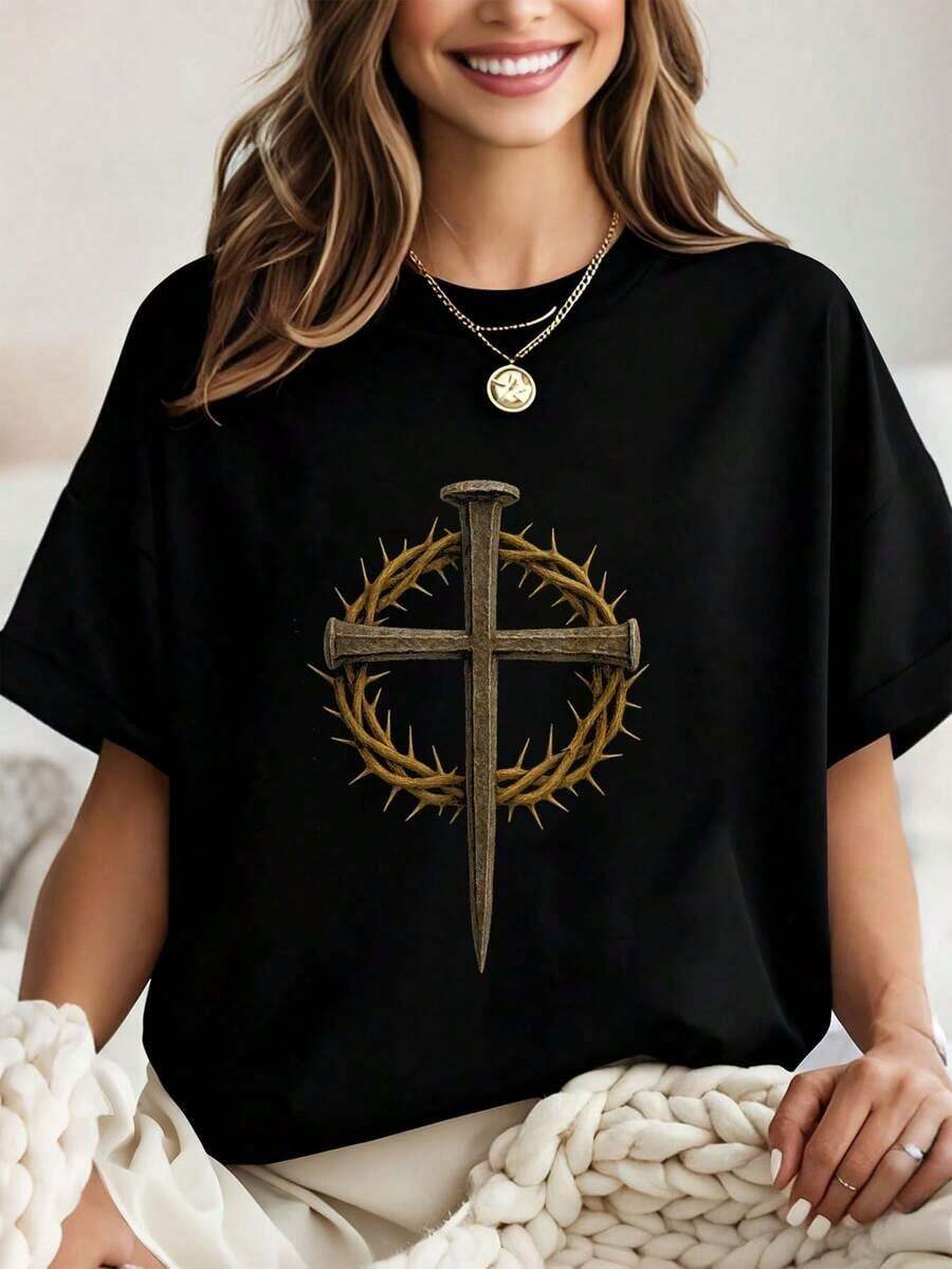 T-Shirt Of The Cross Of Thorns, Nail Cross, Christian Faith, Jesus The King, Women's T-Shirt, Graphic T-Shirts, Crop Tops, Sets, Tops, T-Shirt - 黑色 - 查看 1