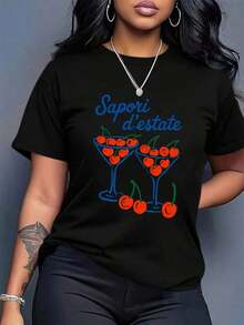 Women's Plus Size Casual T-Shirt With Italian Summer Cherry Graphic Print - Short Sleeve Crew Neck Loose Fit White With Blue Lettering, Breathable Fabric For Spring And Summer Outfits, Beach Trips, Casual Outings And Casual Wear - Machine Washable - 黑色 - 查看 7