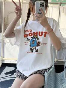 Women's T-Shirts, Spring/Summer Fashion, Short Sleeve T-Shirt With Fun Donut Print In Light Gray, Casual Loose Oversized Style, American Vintage Style For Women, Summer Black, Relaxed Style, Vintage Y2K, Casual For Vacation, Summer Sets For Women, Blouses For Women. - 白色 - 查看 7