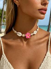 1pc Handmade Bohemian Style Pink Eggflower & Shell Necklace, Summer Beach Holiday Jewelry Accessory - Pink Necklace - View 3