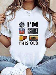Talla Grande - Talla Grande - Camiseta de Mujer con Estampado Gráfico Retro Tech Nostalgia "I Am THIS OLD Floppy Disk And Cassette", Manga Corta, Cuello Redondo, Estilo Casual para Verano y Primavera, Ropa de Mujer - Blanco - Ver 8