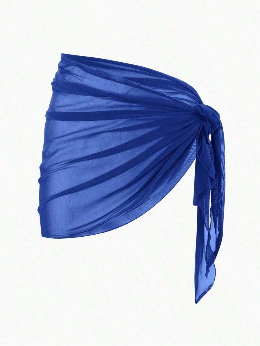 Falda pareo de malla de color sólido, perfecta para vacaciones en la playa. - Azul 3 - Ver 1