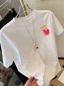 Women's T-Shirt - MORE LOVE Print With Pink Heart, Short Sleeve Tee - 白色 - 查看 6
