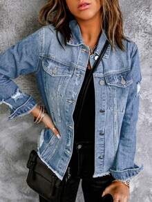 Necooer Women's Denim Jacket Old Wash Button Boyfriend Denim Jacket Jacket With Pocket - Màu xanh nhạt - Xem 1