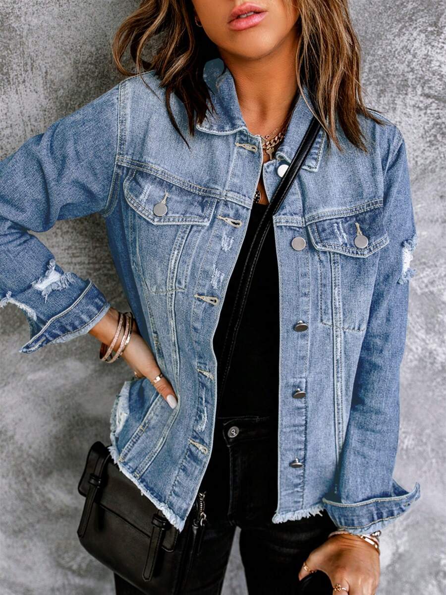 Necooer Women's Denim Jacket Old Wash Button Boyfriend Denim Jacket Jacket With Pocket - Màu xanh nhạt - Xem 1