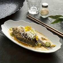 Plato con forma de roca para servir pescado, de apariencia creativa, con bordes asimétricos, diseño con textura de roca, ideal para servir pescado en restaurantes de alta gama y cenas familiares - Blanco - Ver 6