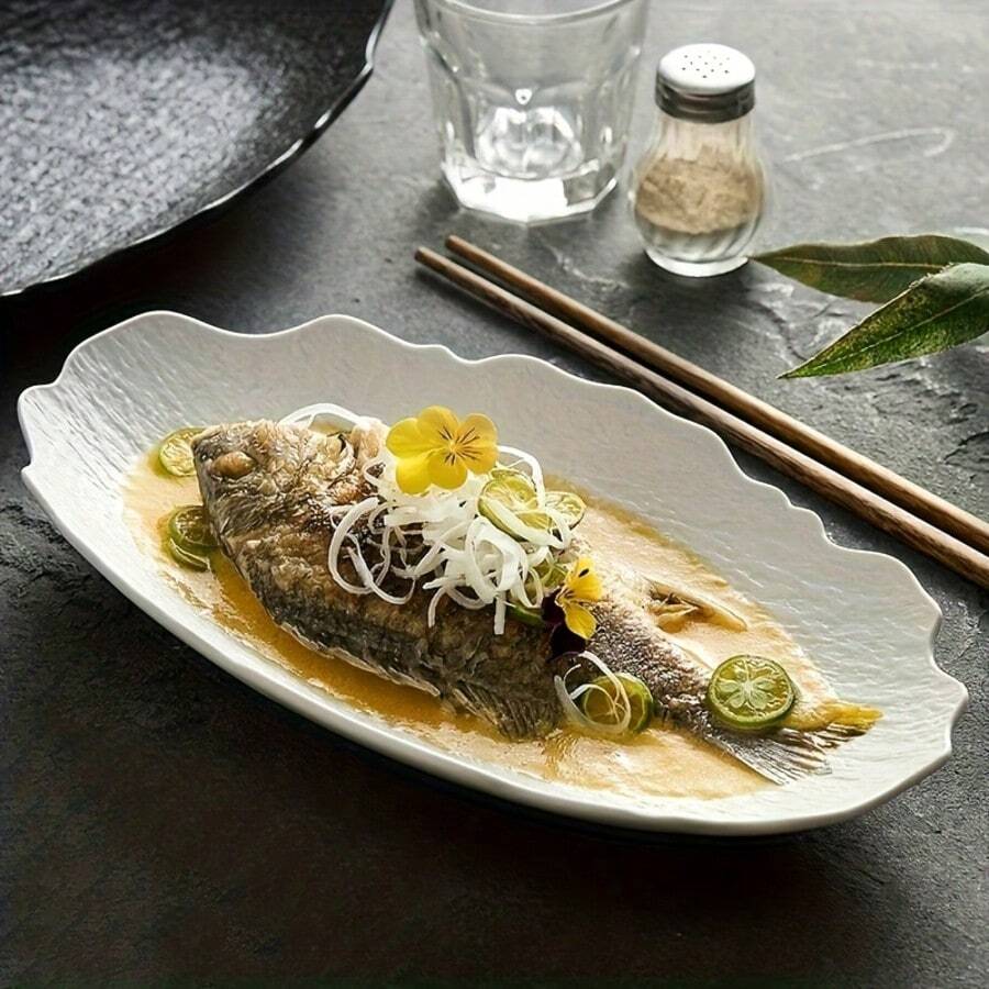 Fish Plate For Home Steaming - Light Luxury High-End New Oval Asymmetric Ceramic Large Plate For Home Use, Dessert Plate, Salad Plate, Sushi Plate, Creative Dinner Plate