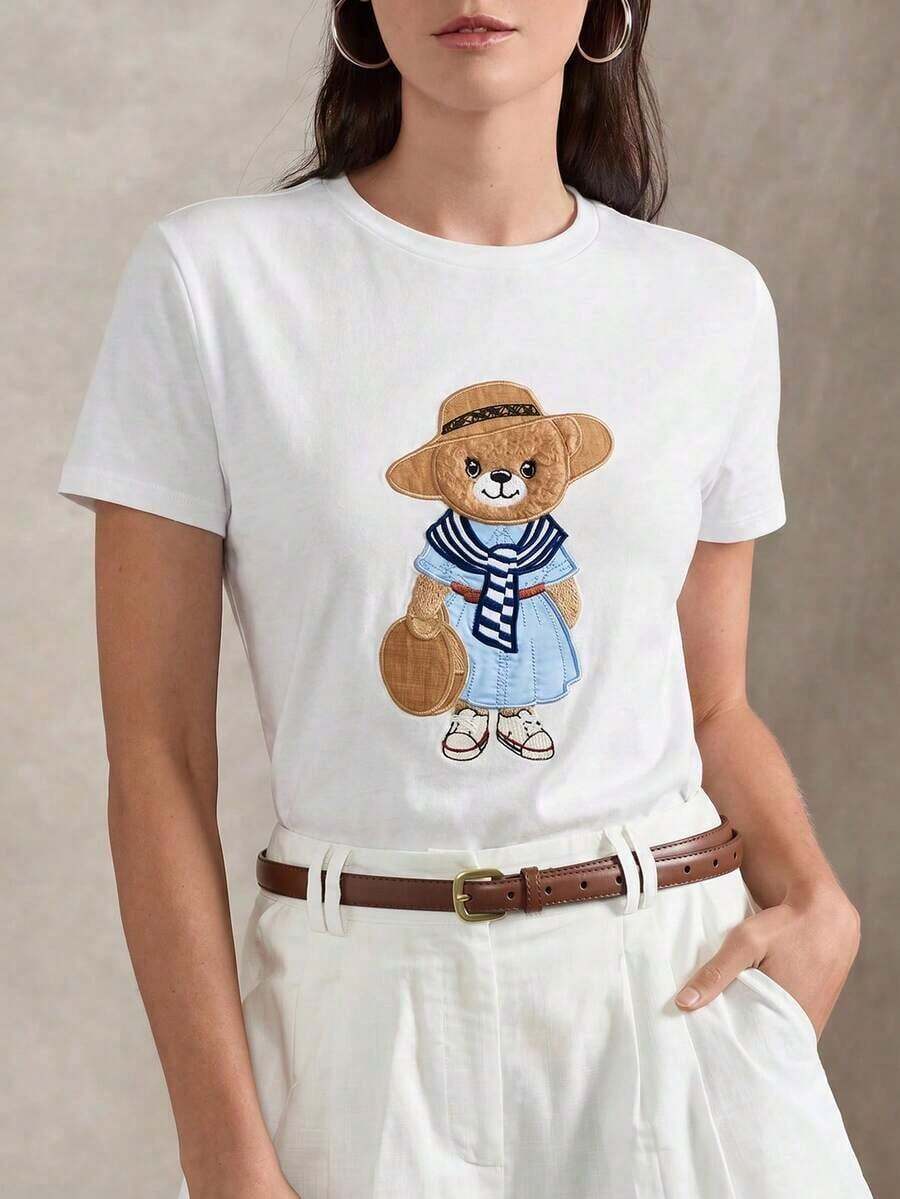 Camiseta de manga corta con cuello redondo y bordado de oso para mujer , estilo casual y lindo para uso diario y viajes, color blanco de verano, camiseta de manga corta.100%Cotton - Blanco - Ver 1