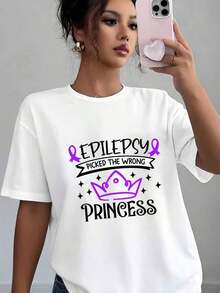 Women's Casual T-Shirt With Crown Print And Purple Ribbon 'Epilepsy Chose The Wrong Princess', Soft And Comfortable, Gift For Epilepsy Awareness Day, Birthday, Christmas - 白色 - 查看 5