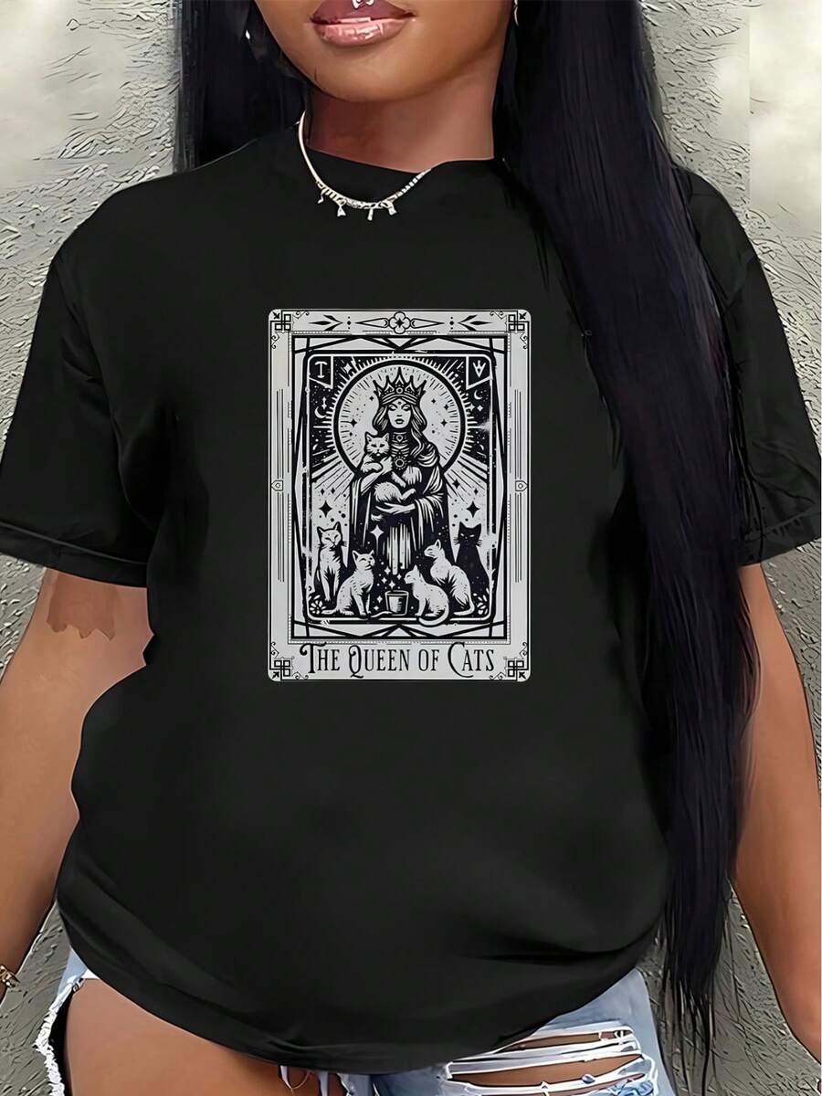 Camiseta de manga corta, ligera y duradera, con estampado de Cat Queen, perfecta para uso casual en casa, en cafeterías o en la oficina.blusa casual mujer - Negro - Ver 1