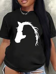 Pure Cotton T-Shirt, 2026 Style, Lightweight And Durable, With Horse Head Design, Suitable For Casual Outings, Outdoor Activities And Daily Wear, Unisex, Comfortable And Fitted - Vintage T-Shirt. - 黑色 - 查看 1