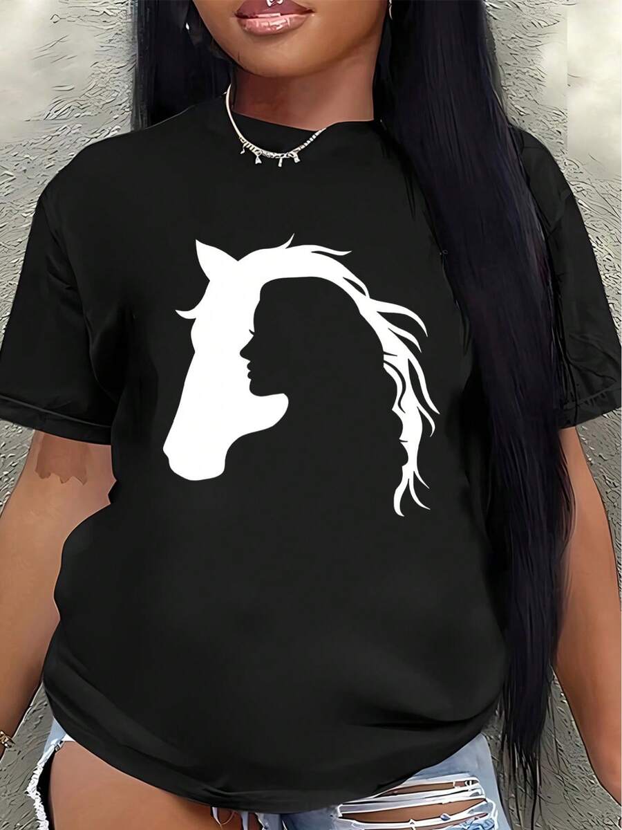 Pure Cotton T-Shirt, 2026 Style, Lightweight And Durable, With Horse Head Design, Suitable For Casual Outings, Outdoor Activities And Daily Wear, Unisex, Comfortable And Fitted - Vintage T-Shirt. - 黑色 - 查看 1