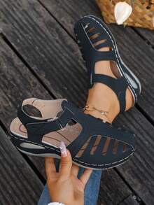 Cutout Detail Wedge Closed Toe Sandals, Women's Casual Summer Outdoor Footwear - 黑色 - 查看 1